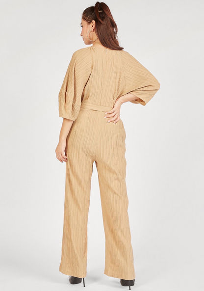 Textured V-neck Jumpsuit with Belt Tie-Up and 3/4 Sleeves-Jumpsuits & Playsuits-image-3
