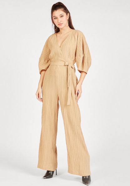 Textured V-neck Jumpsuit with Belt Tie-Up and 3/4 Sleeves-Jumpsuits & Playsuits-image-4