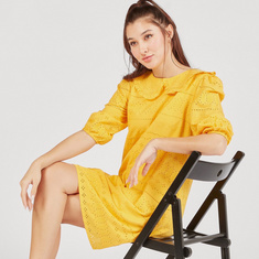 Schiffli Textured Mini Shift Dress with Ruffle Detail and Puff Sleeves