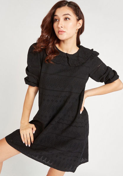 Schiffli Textured Mini Shift Dress with Ruffle Detail and Puff Sleeves-Dresses-image-0