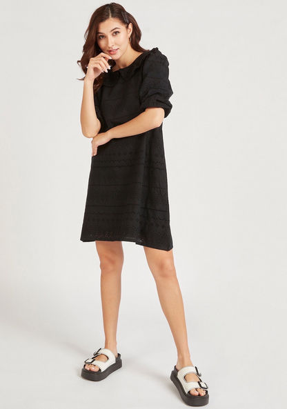 Schiffli Textured Mini Shift Dress with Ruffle Detail and Puff Sleeves-Dresses-image-1