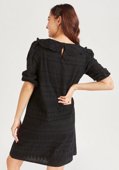 Schiffli Textured Mini Shift Dress with Ruffle Detail and Puff Sleeves-Dresses-image-3