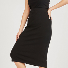 Solid Midi Pencil Skirt with Elasticated Waistband