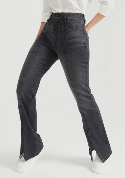 Solid Jeans with Front Slit and Button Closure-Jeans-image-0