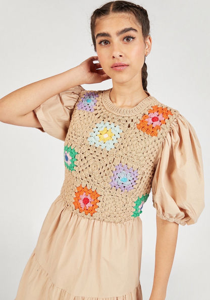 Crochet Detail Midi A-line Tiered Dress with Puff Sleeves-Dresses-image-1