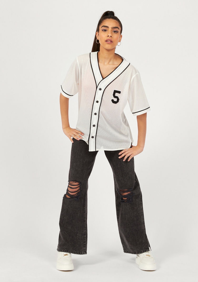 Textured V-neck Shirt with Short Sleeves and Applique Detail-Shirts and Blouses-image-1