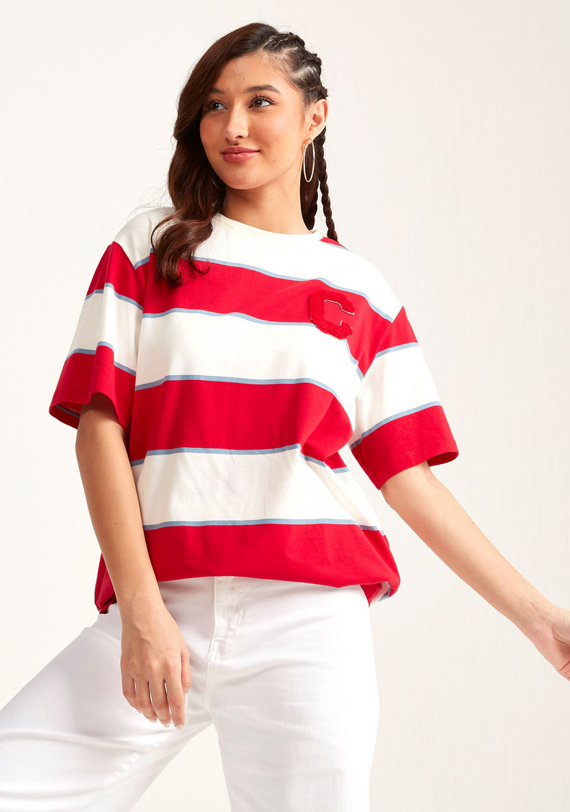 Striped Crew Neck Longline T-shirt with Short Sleeves-T Shirts-image-0