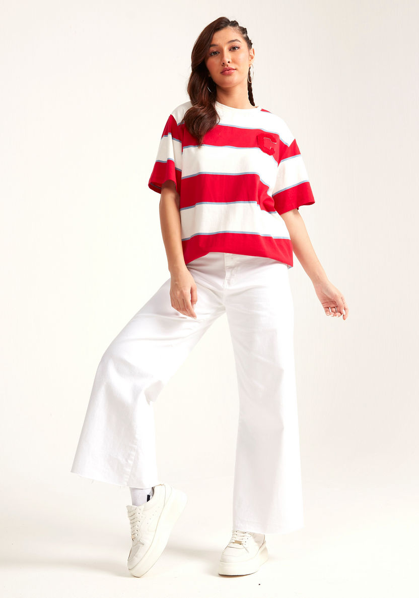 Striped Crew Neck Longline T-shirt with Short Sleeves-T Shirts-image-1