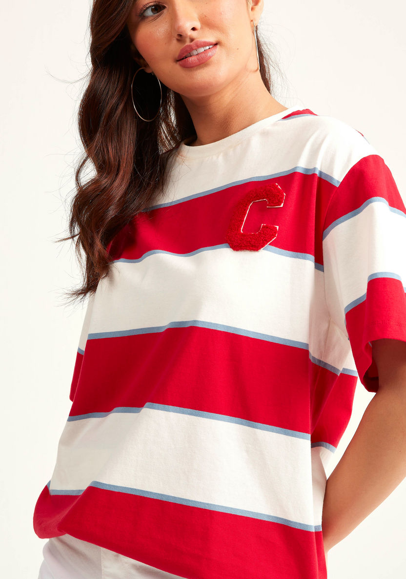 Striped Crew Neck Longline T-shirt with Short Sleeves-T Shirts-image-2