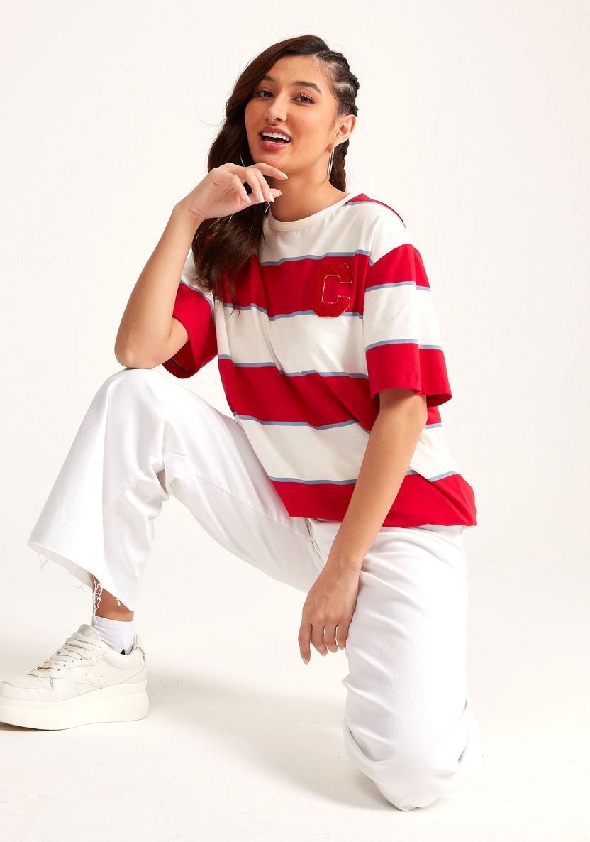 Striped Crew Neck Longline T-shirt with Short Sleeves-T Shirts-image-3