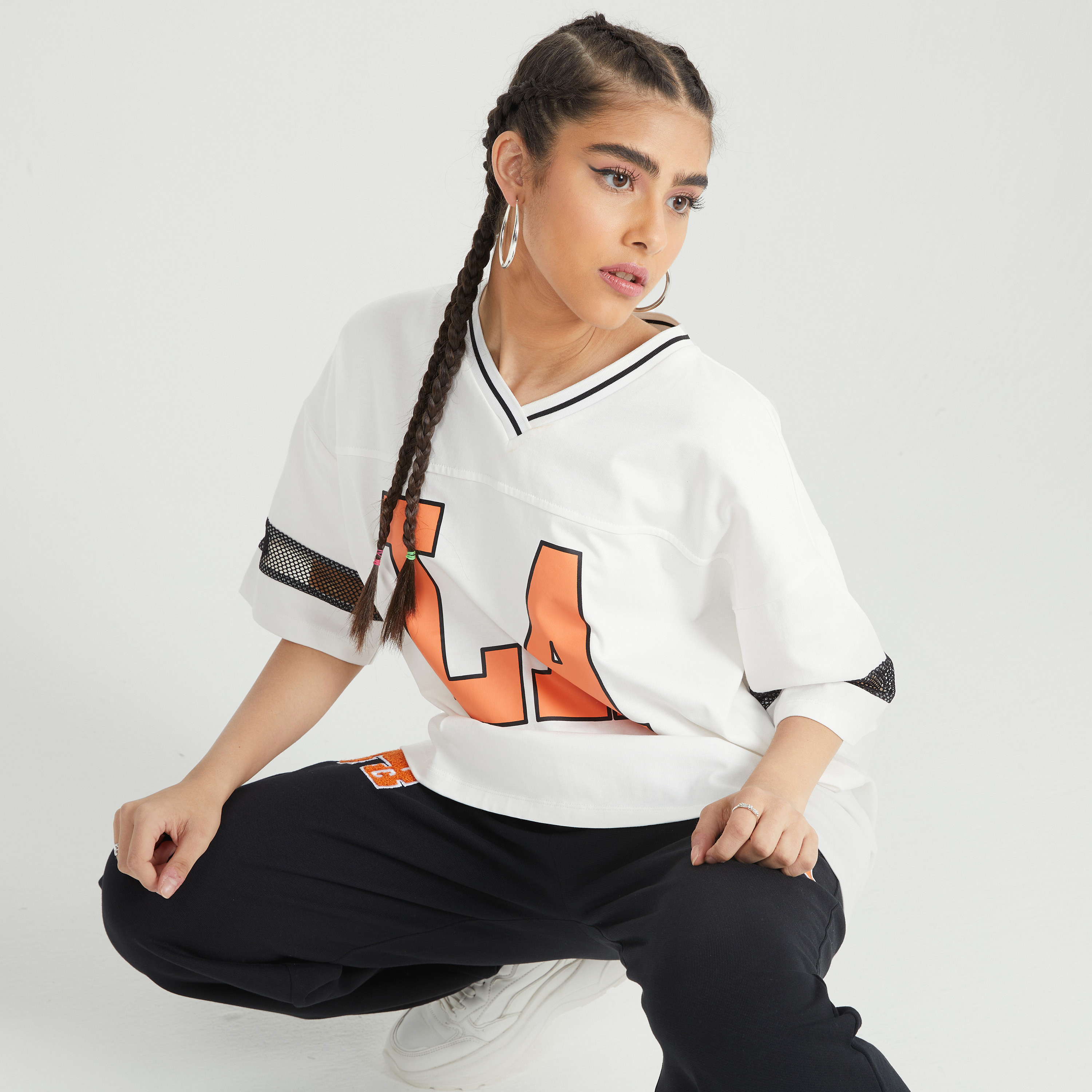 Printed Longline T-shirt with V-neck and Short Sleeves-women-clothing-tshirts-image-1