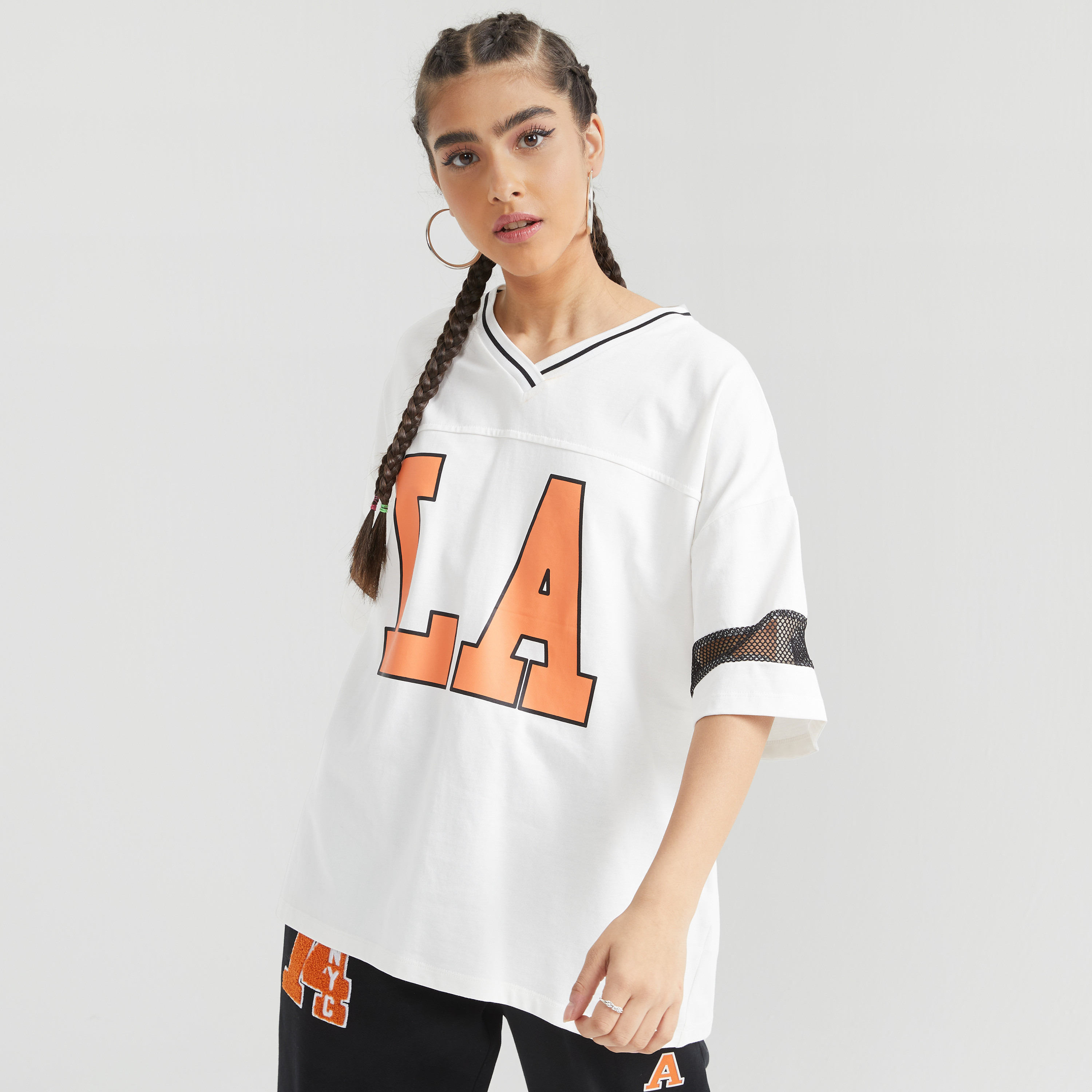 Printed Longline T-shirt with V-neck and Short Sleeves-women-clothing-tshirts-image-3