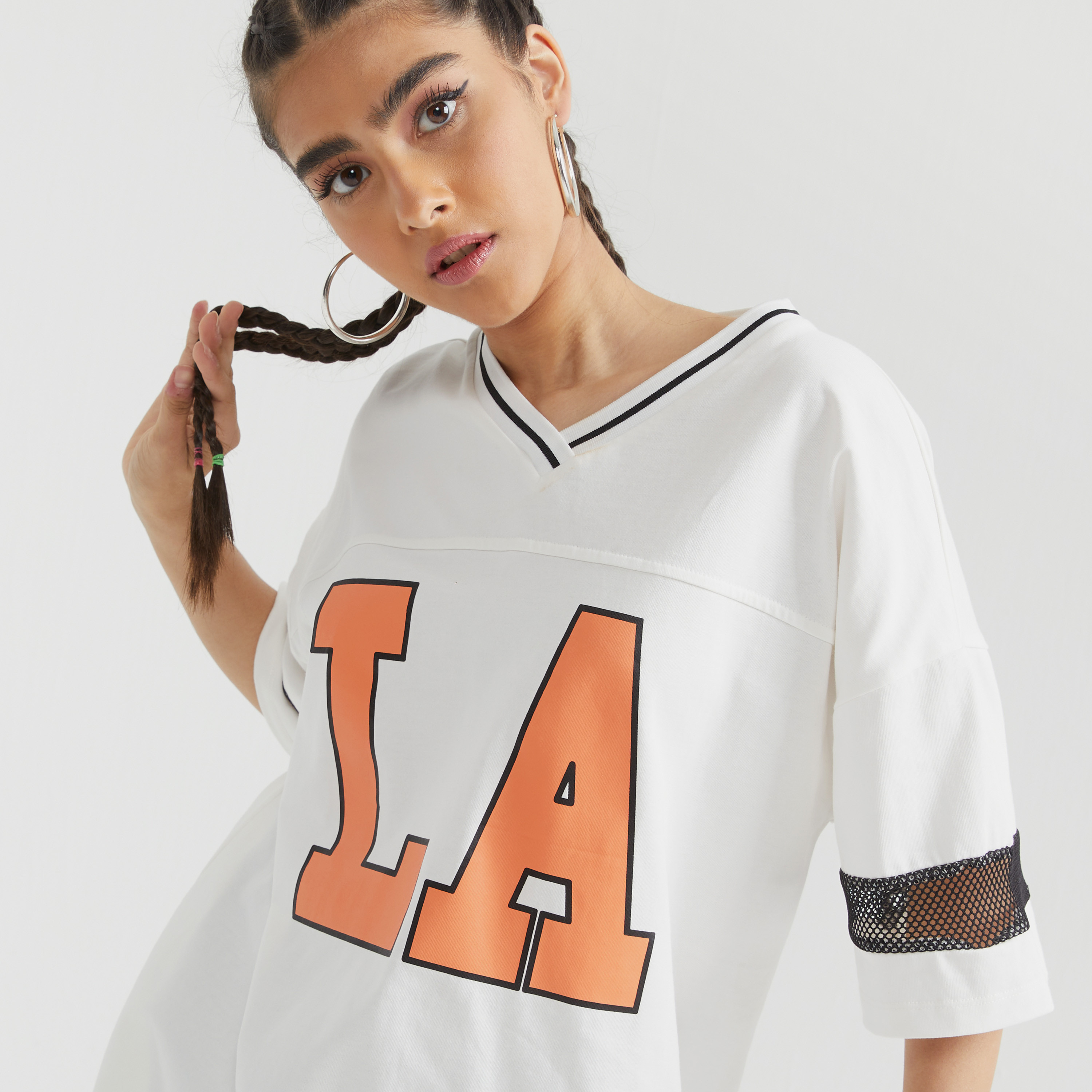 Printed Longline T-shirt with V-neck and Short Sleeves-women-clothing-tshirts-image-5