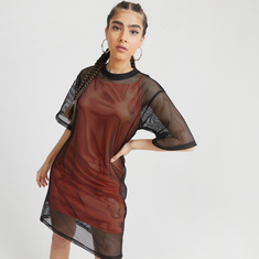 Mesh Detail Mini Shift Dress with Crew Neck and Short Sleeves