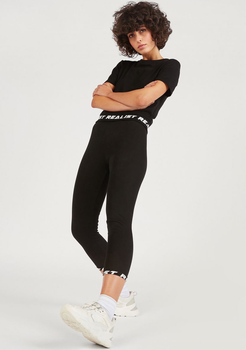 Solid Mid-Rise 3/4 Leggings with Elasticated Waistband-Leggings-image-1