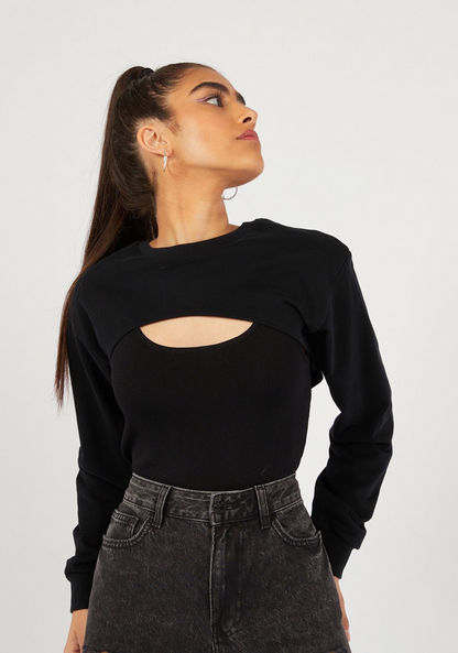 Solid Crew Neck Crop T-shirt with Long Sleeves-T Shirts-image-0