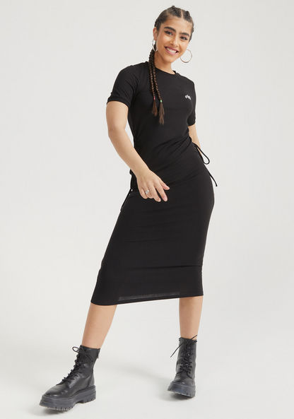 Textured Midi Bodycon Dress with Short Sleeves and Waist Tie-Up-Dresses-image-1