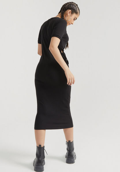 Textured Midi Bodycon Dress with Short Sleeves and Waist Tie-Up-Dresses-image-4