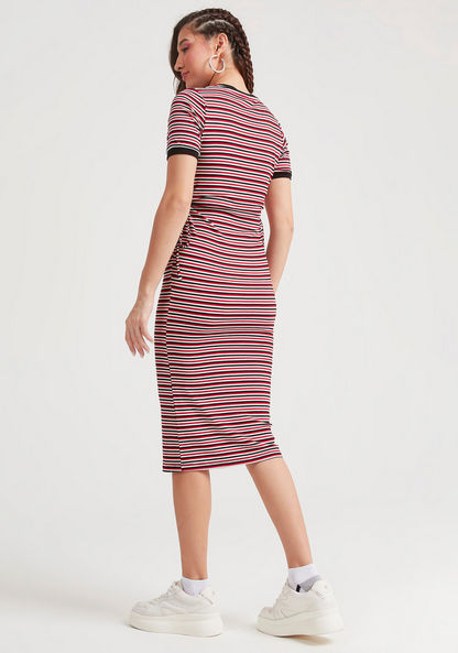 Textured Midi Bodycon Dress with Short Sleeves and Waist Tie-Up-Dresses-image-2