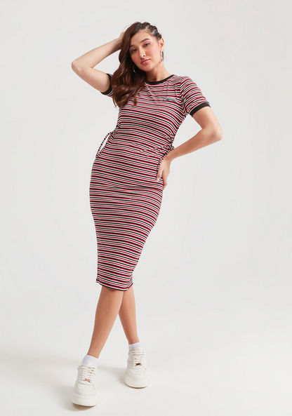Textured Midi Bodycon Dress with Short Sleeves and Waist Tie-Up-Dresses-image-3