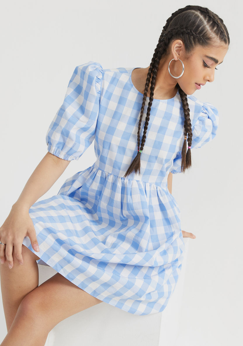 Checked Mini A-line Dress with Puff Sleeves-Dresses-image-0