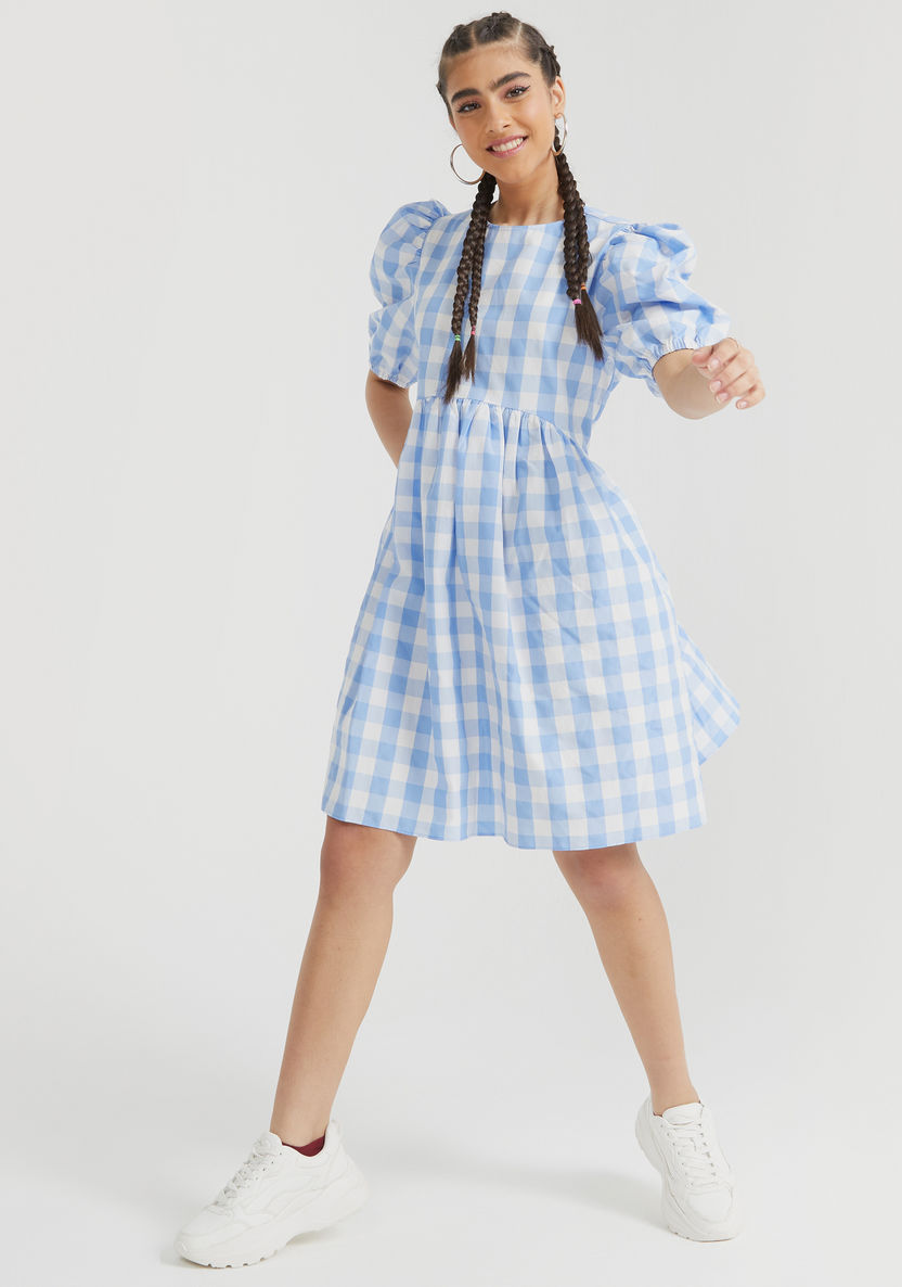 Checked Mini A-line Dress with Puff Sleeves-Dresses-image-1