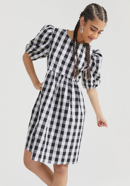 Checked Mini A-line Dress with Puff Sleeves-Dresses-image-0