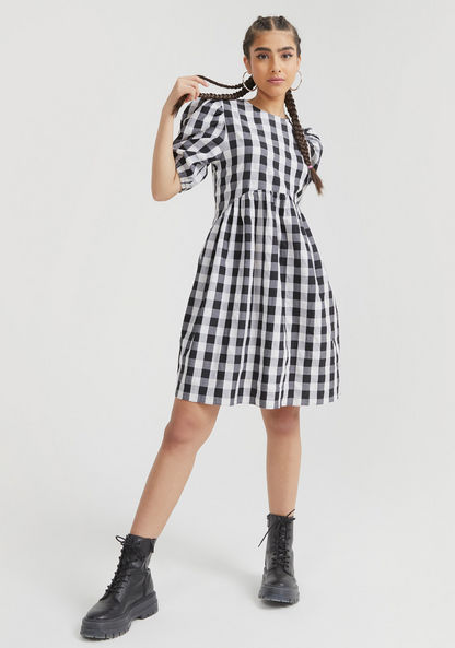Checked Mini A-line Dress with Puff Sleeves-Dresses-image-1