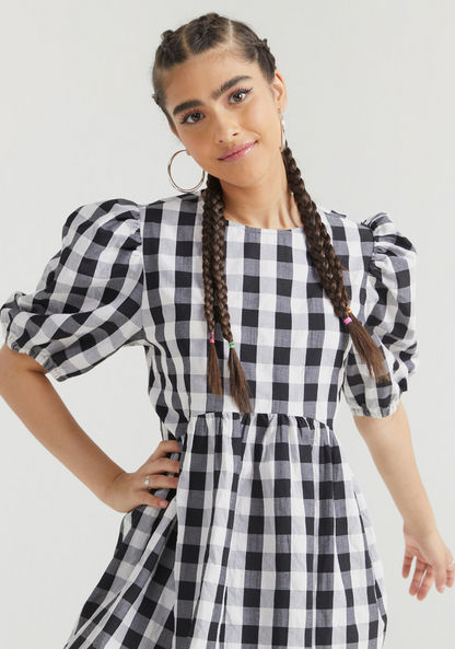 Checked Mini A-line Dress with Puff Sleeves-Dresses-image-2