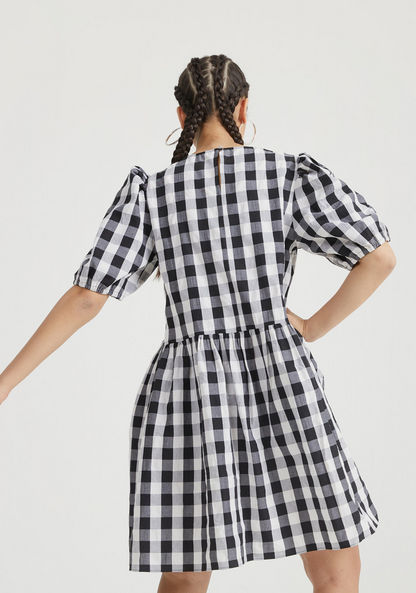 Checked Mini A-line Dress with Puff Sleeves-Dresses-image-3