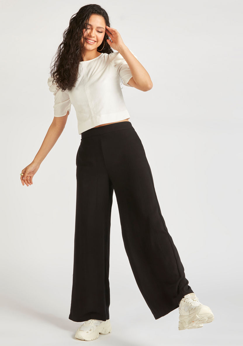 Solid Crew Neck Crop Top with Puff Sleeves and Tie-Up Detail-Shirts & Blouses-image-1