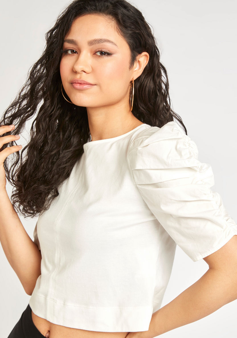 Solid Crew Neck Crop Top with Puff Sleeves and Tie-Up Detail-Shirts & Blouses-image-2