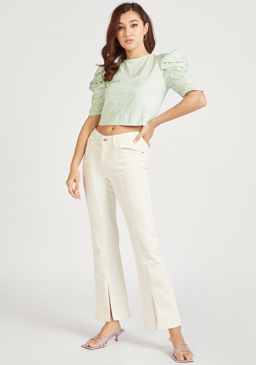 Solid Crew Neck Crop Top with Puff Sleeves and Tie-Up Detail-Shirts & Blouses-image-2