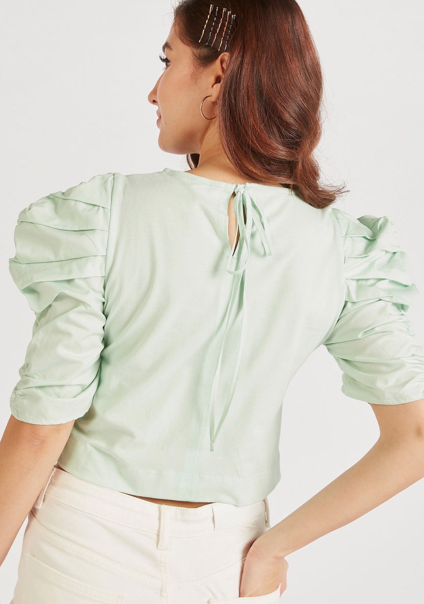 Solid Crew Neck Crop Top with Puff Sleeves and Tie-Up Detail-Shirts & Blouses-image-3