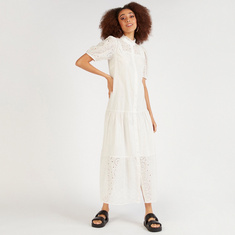 Lace Maxi Shirt Dress with High Neck and Short Sleeves
