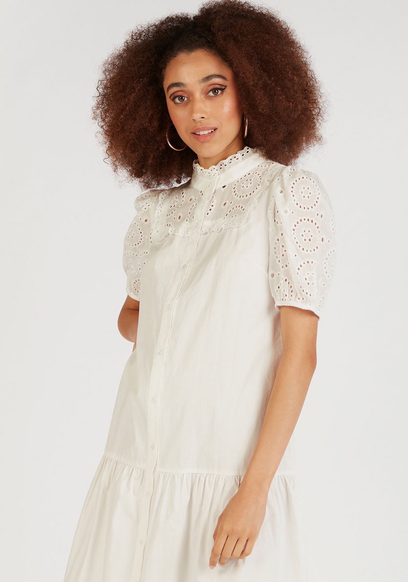Lace Maxi Shirt Dress with High Neck and Short Sleeves-Dresses-image-2