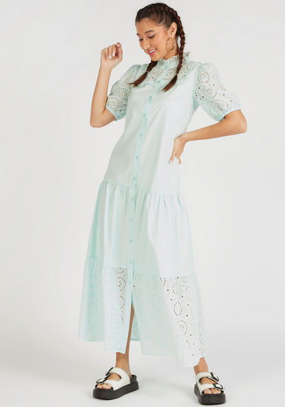 Lace Maxi Shirt Dress with High Neck and Short Sleeves-Dresses-image-0