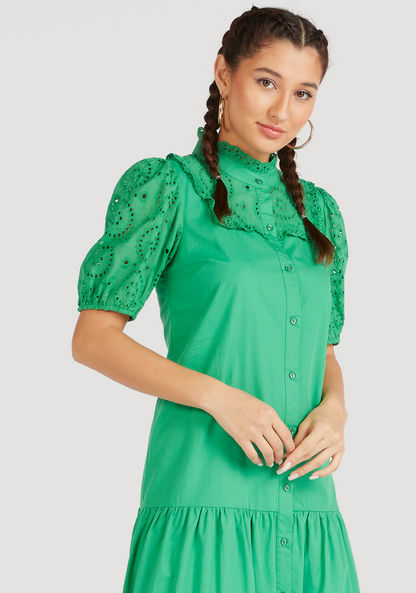 Lace Maxi Shirt Dress with High Neck and Short Sleeves-Dresses-image-1