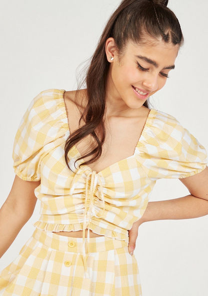 Checked Crop Top with Ruched Detail and Short Sleeves-Shirts & Blouses-image-0
