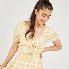 Checked Crop Top with Ruched Detail and Short Sleeves