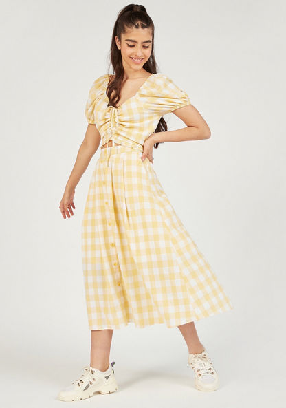 Checked Crop Top with Ruched Detail and Short Sleeves-Shirts & Blouses-image-1