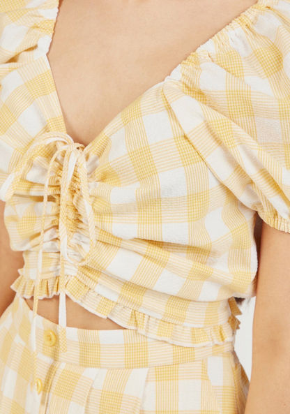 Checked Crop Top with Ruched Detail and Short Sleeves-Shirts & Blouses-image-2
