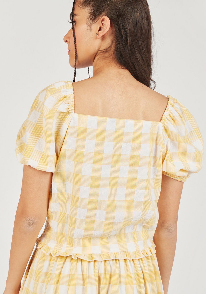 Checked Crop Top with Ruched Detail and Short Sleeves-Shirts and Blouses-image-3