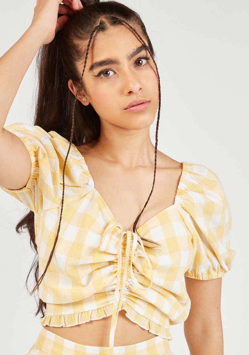 Checked Crop Top with Ruched Detail and Short Sleeves-Shirts and Blouses-image-4