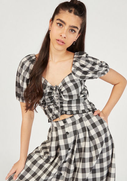 Checked Crop Top with Ruched Detail and Short Sleeves-Shirts & Blouses-image-0