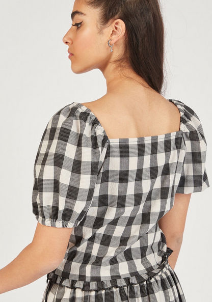 Checked Crop Top with Ruched Detail and Short Sleeves-Shirts & Blouses-image-3
