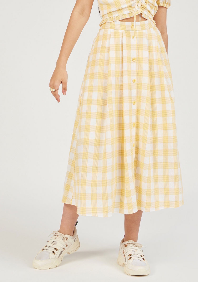 Checked A-line Skirt with Button Closure and Pockets-Skirts-image-0