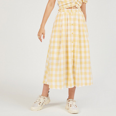 Checked A-line Skirt with Button Closure and Pockets