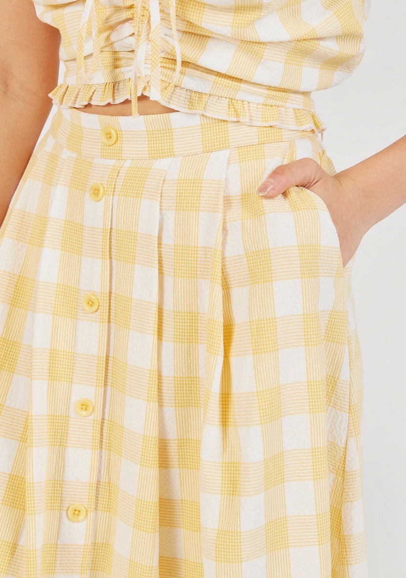Checked A-line Skirt with Button Closure and Pockets-Skirts-image-2