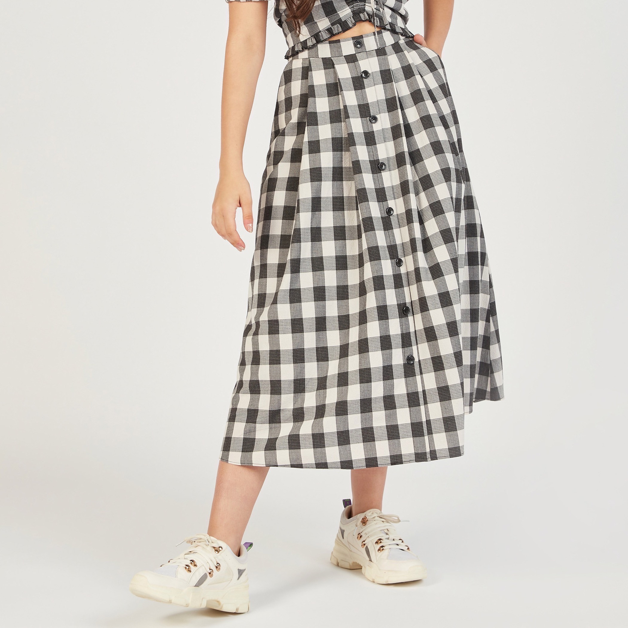 تنورة كاروهات إيه لاين بزر إغلاق وجيوب-women-clothing-skirts-image-5